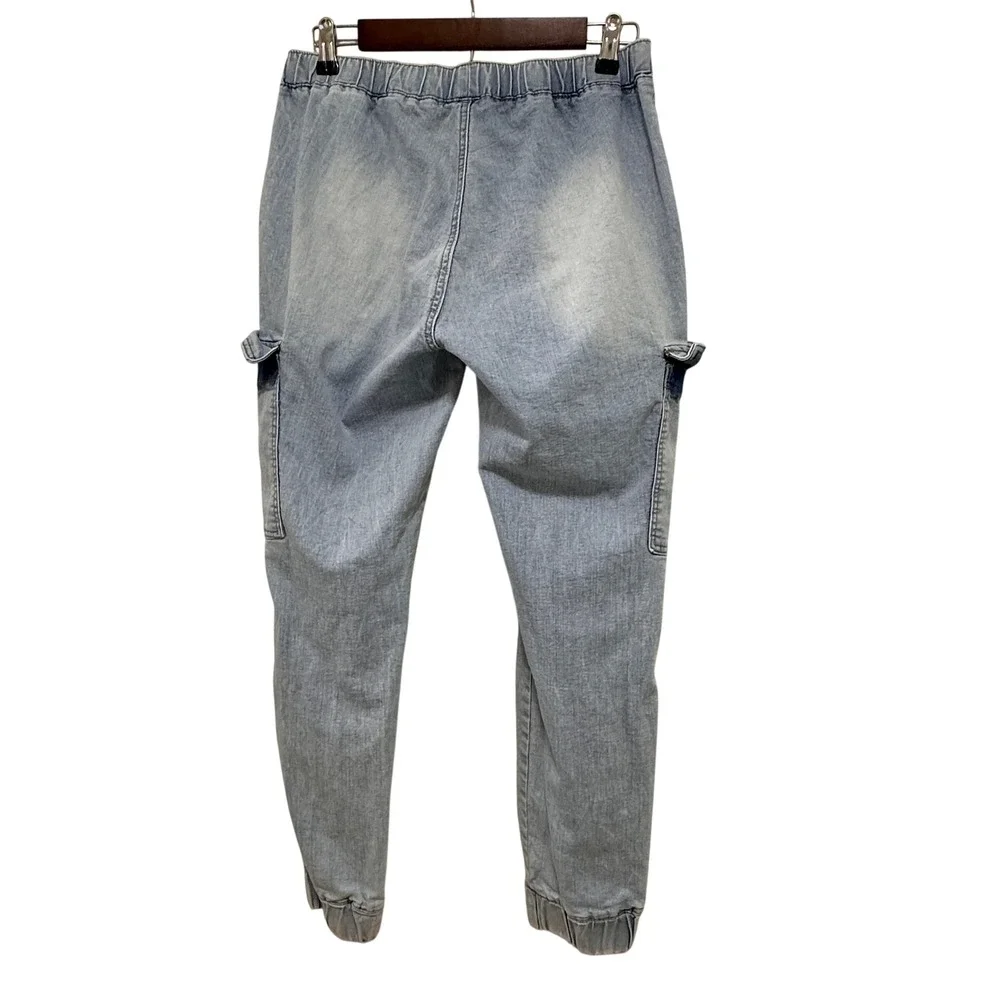 Almost Famous Cargo Denim Joggers‎ Womens Large Light Blue Elastic Waist